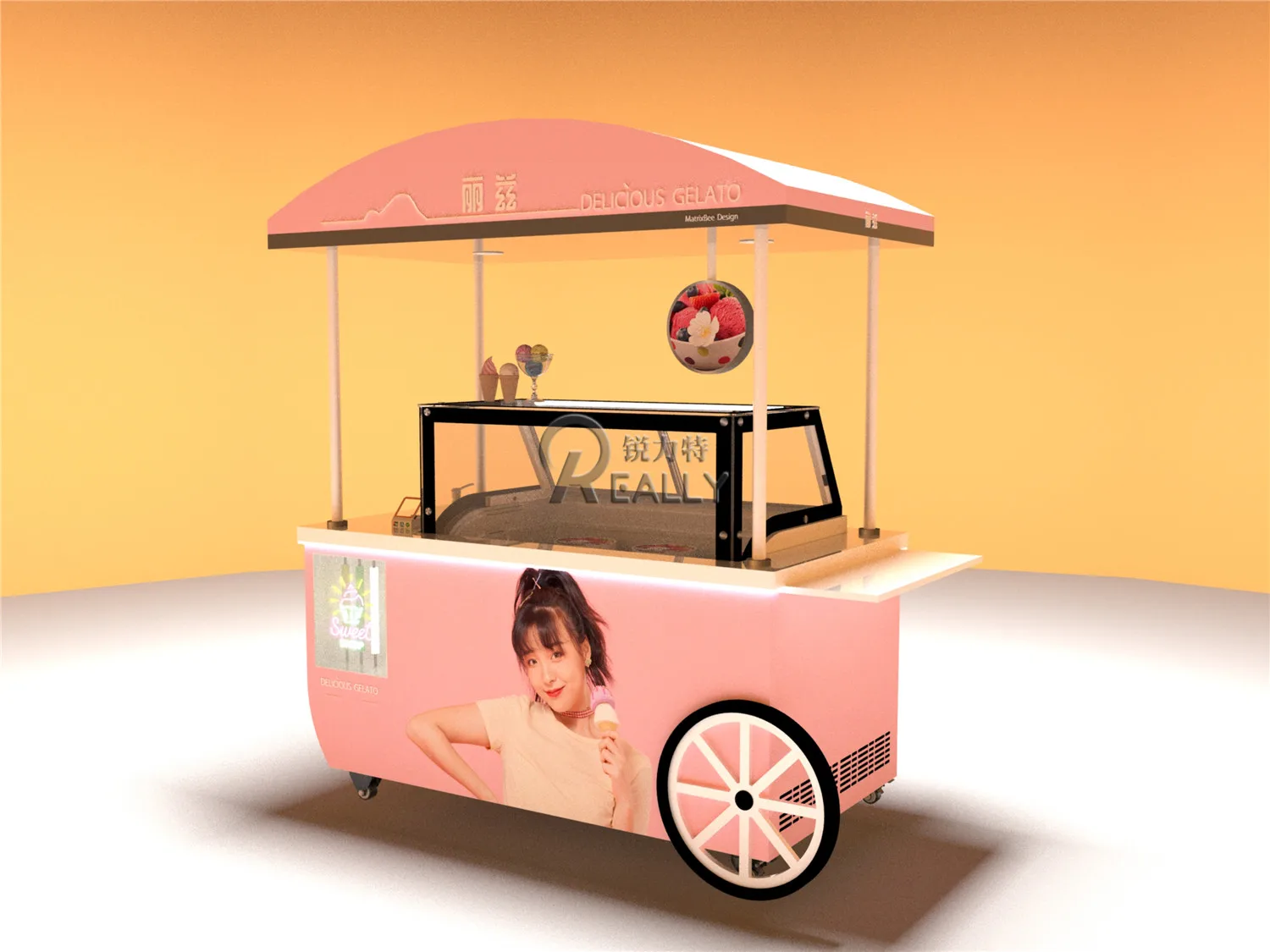 

New Wheeled Ice Cream Display Trolley Mobile Beverage Dessert Ice Cream Frozen Display Cabinet Street Food Cart