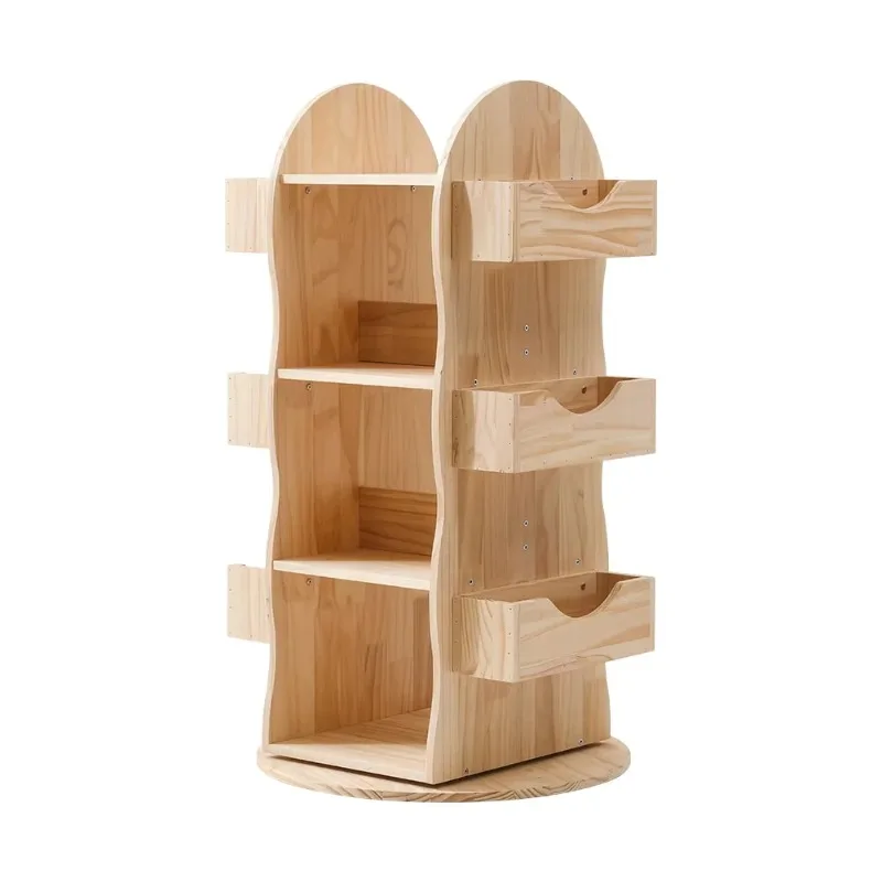 

Wholesale Factory Price Wooden Kids Bookcase Bookshelf Children Library Furniture Rotating Book Storage Shelf with Wheels