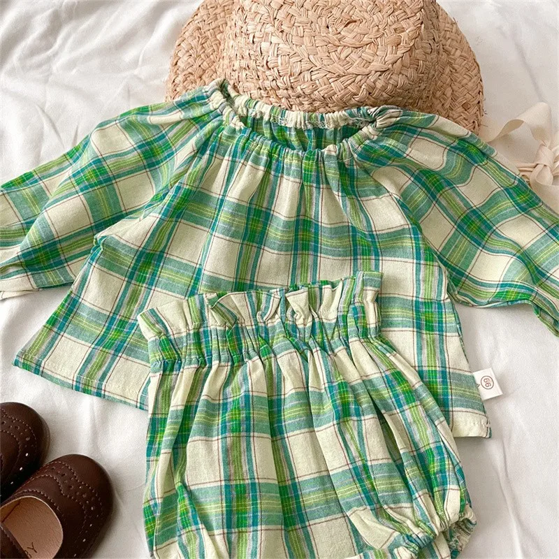 2024 New Spring Summer Baby Green Plaid Long Sleeve Tops And Shorts 2 Pieces Suit Girl Loose Clothing Set Kids Cotton Clothes