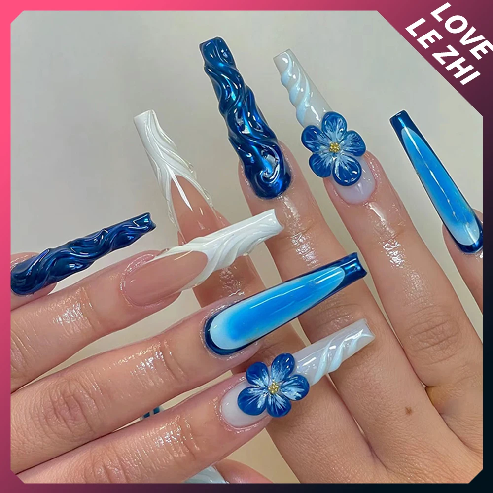 Y2K Handmade Press On Nails Set Long Almond Square Gel False Nail Summer Lilies Reusable Full Cover Reuse Fake Nail Tips