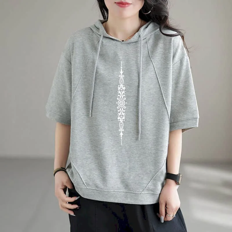 

Literary T-shirts for Women Hooded Printed Tops Oversized Casual Loose Korean Style Half Sleeve Retro Aesthetic Clothes Trend