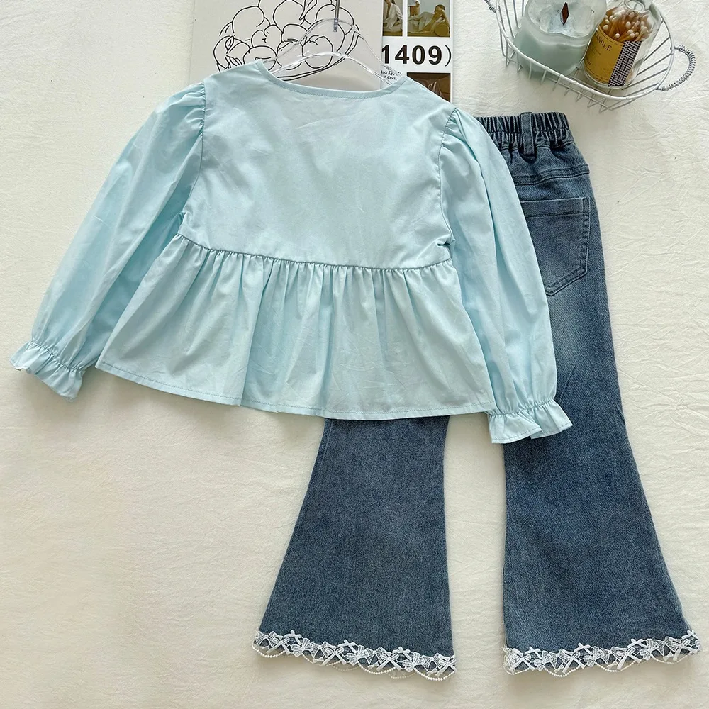 Girl's pearl button square neck lotus leaf doll shirt set autumn new lace lace bow denim bell bottom pants