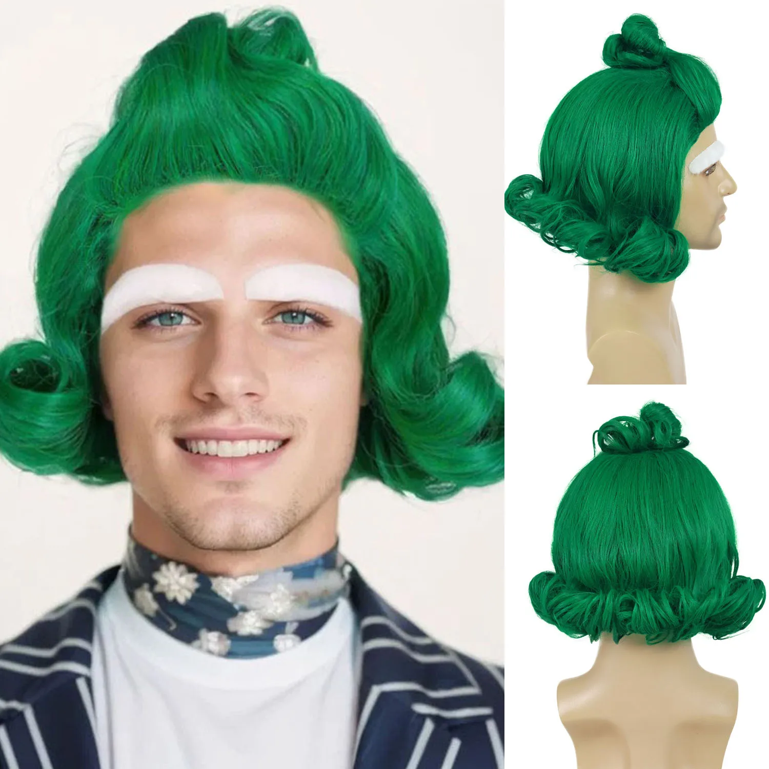 

Fun Short Wavy Vibrant Green Wig with White Eyebow Outfit Party Cosplay Wigs Outfit Movie Theme Party Funny Hairstyle Adult