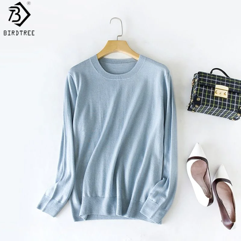 Birdtree 85% Spun Silk 15% Cashmere O-neck Undershirt,Women's 14-needles Worsted Spinning Autumn Long Sleeved Knit ShirtT59313JF