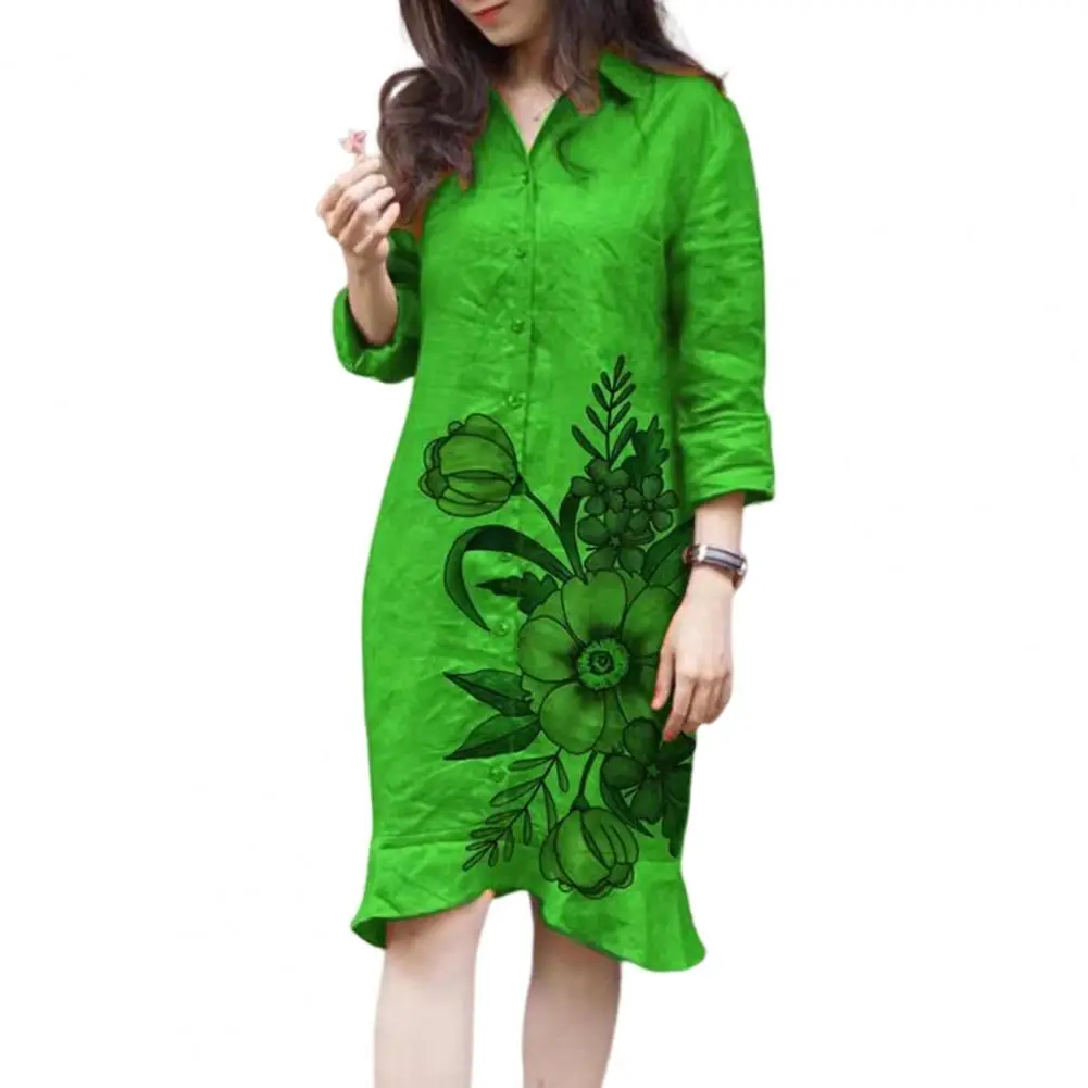 

Vintage Women Shirt Dress Flower Print Turn-down Collar Single-breasted Buttons Loose Spring Summer Dress