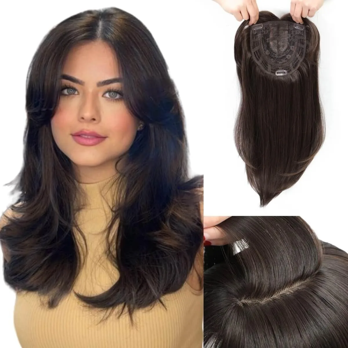 Perfect Gift 18 Inch Hair Topper for Thinning Women 3D Scalp Design Clip-in Bangs with Golden Brown Highlights Restores Youthful