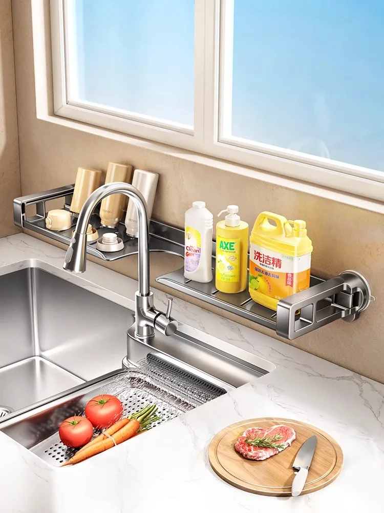 

Suction Cup Kitchen Faucet Shelf Storage Longer Version Sponge Holder Sink Faucet Organizers Hanging Drain Rack for Sink Tap