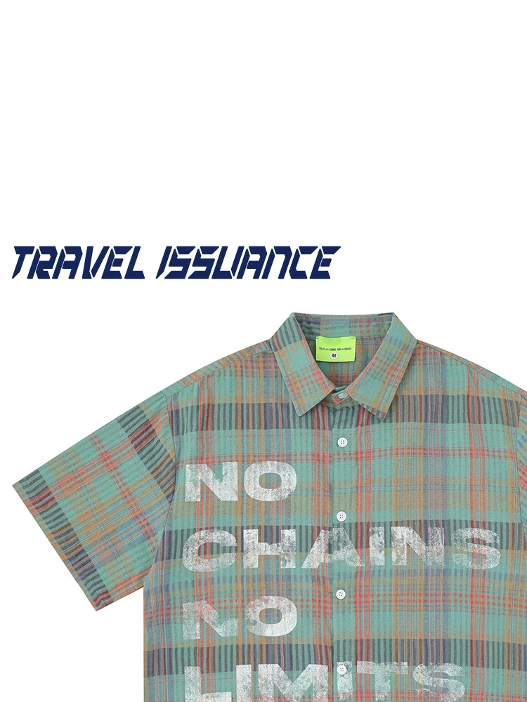 

Street Vintage Short Sleeve Loose Letter Plaid Shirt Wear Resistant Tag Loose Fit Casual Style Cotton Polyester Blend Summer ...