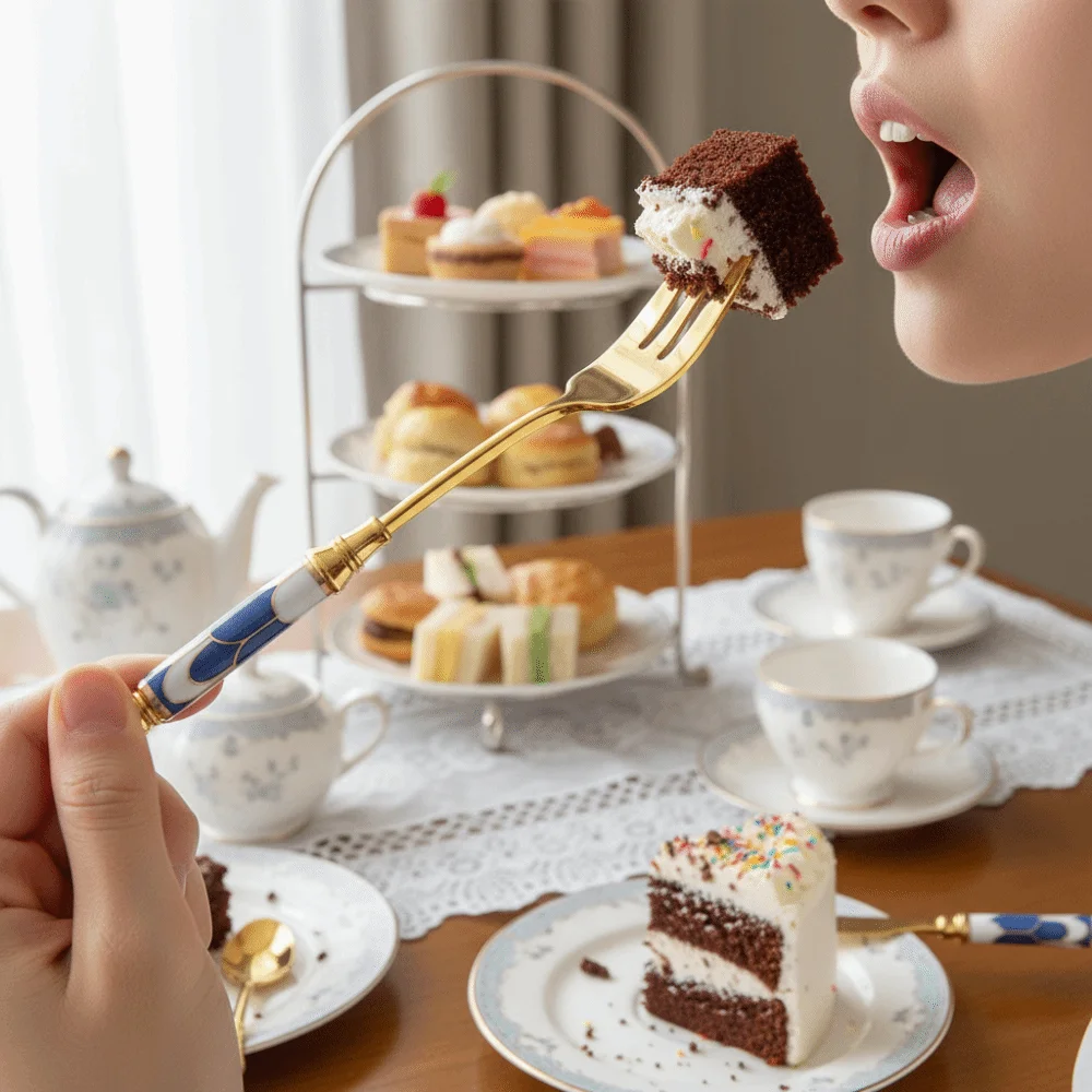 Ceramic Handle English Afternoon Tea Spoon Fork Stainless Steel Anti-scalding Dessert Spoon Fork Gold-plated Rust-proof