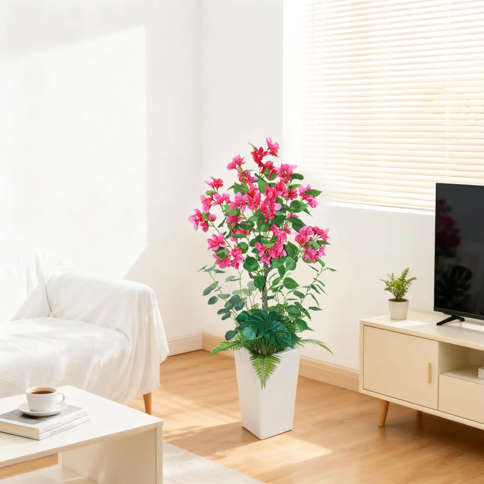 Confezione da 2 Alberi Artificiali di Bougainvillea da 4FT, Fiori di Seta Bianchi Resistenti ai Raggi UV per Decorazioni di Casa, Giardino e Matrimoni con Vasi