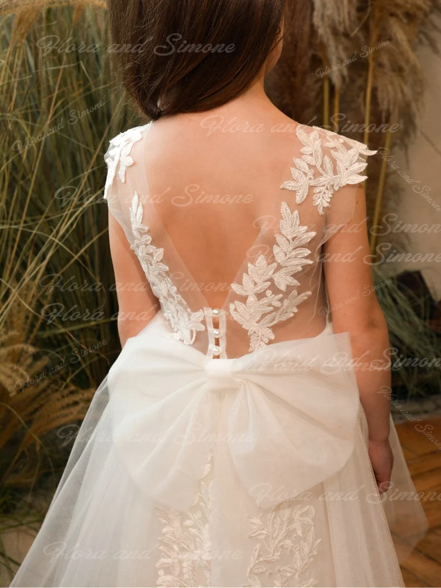 Aangepaste mouwloze rugloze strik chiffon bloemenmeisje jurk voor huwelijksceremonies vakantievieringen verjaardag heilige communie