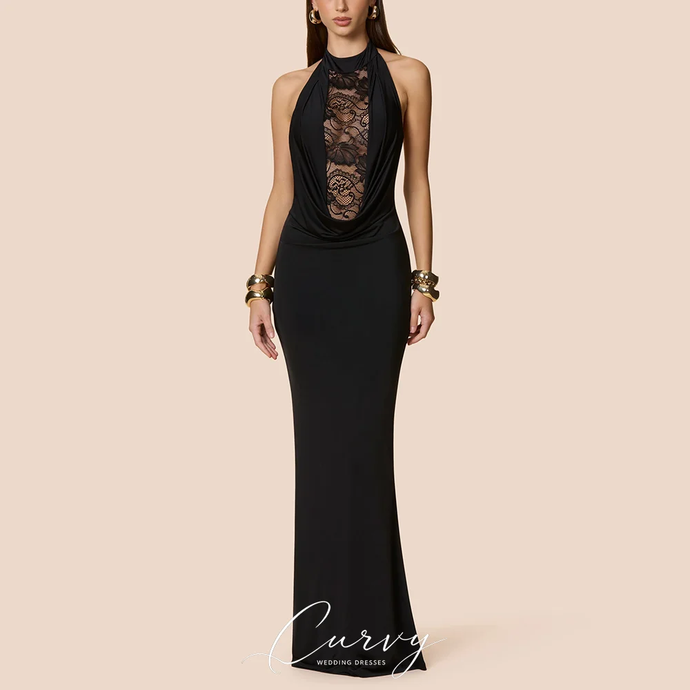 Curvy Alluring Halter Lace Panel Mermaid Evening Dresses Open Back Sleeveless Black Party Gown for Women Customized 2026