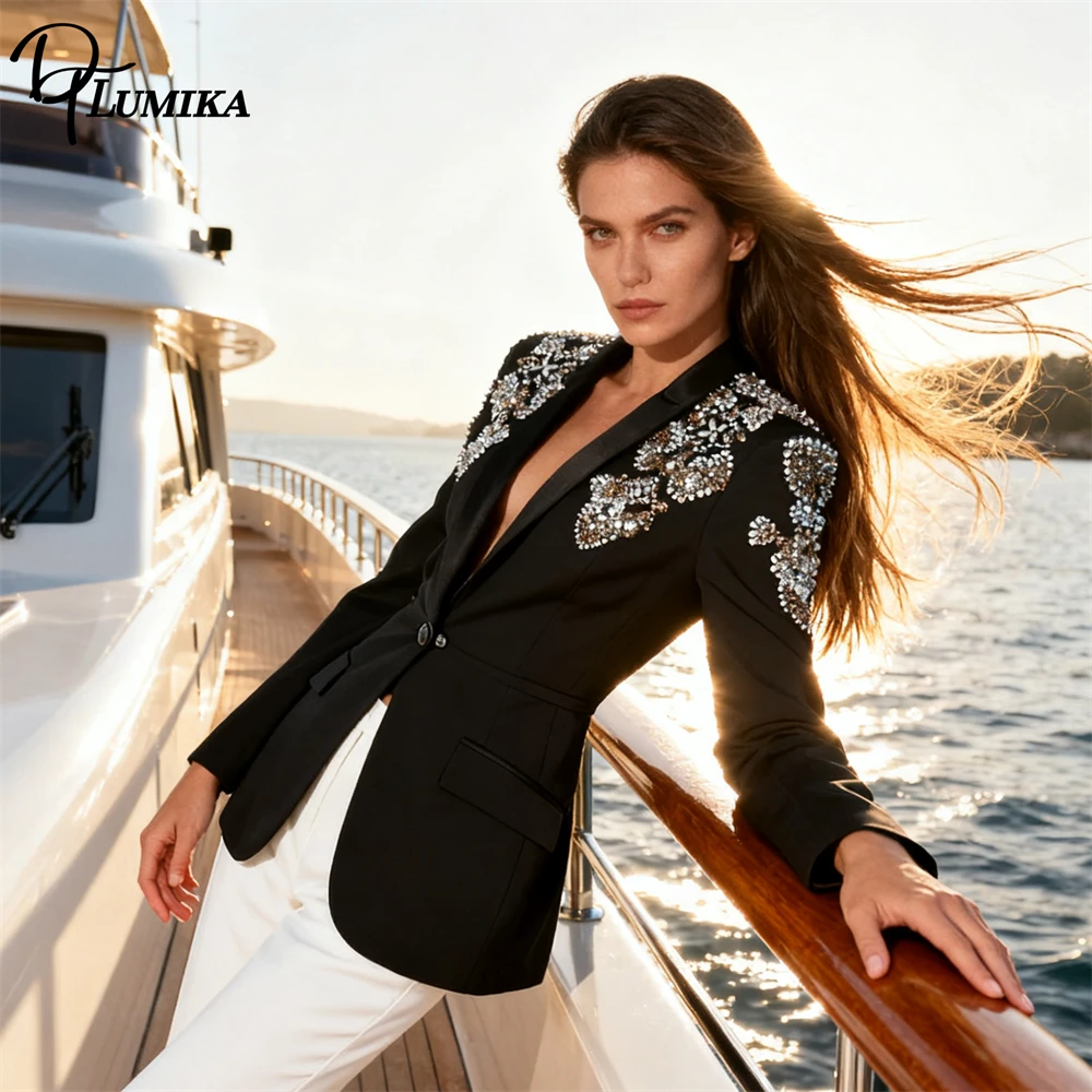 

DTLumika Luxury Crystals Party Suit for Women, S M L Womens Black Suit Blazer, Actual Pictures Formal Slim Fitting Suit