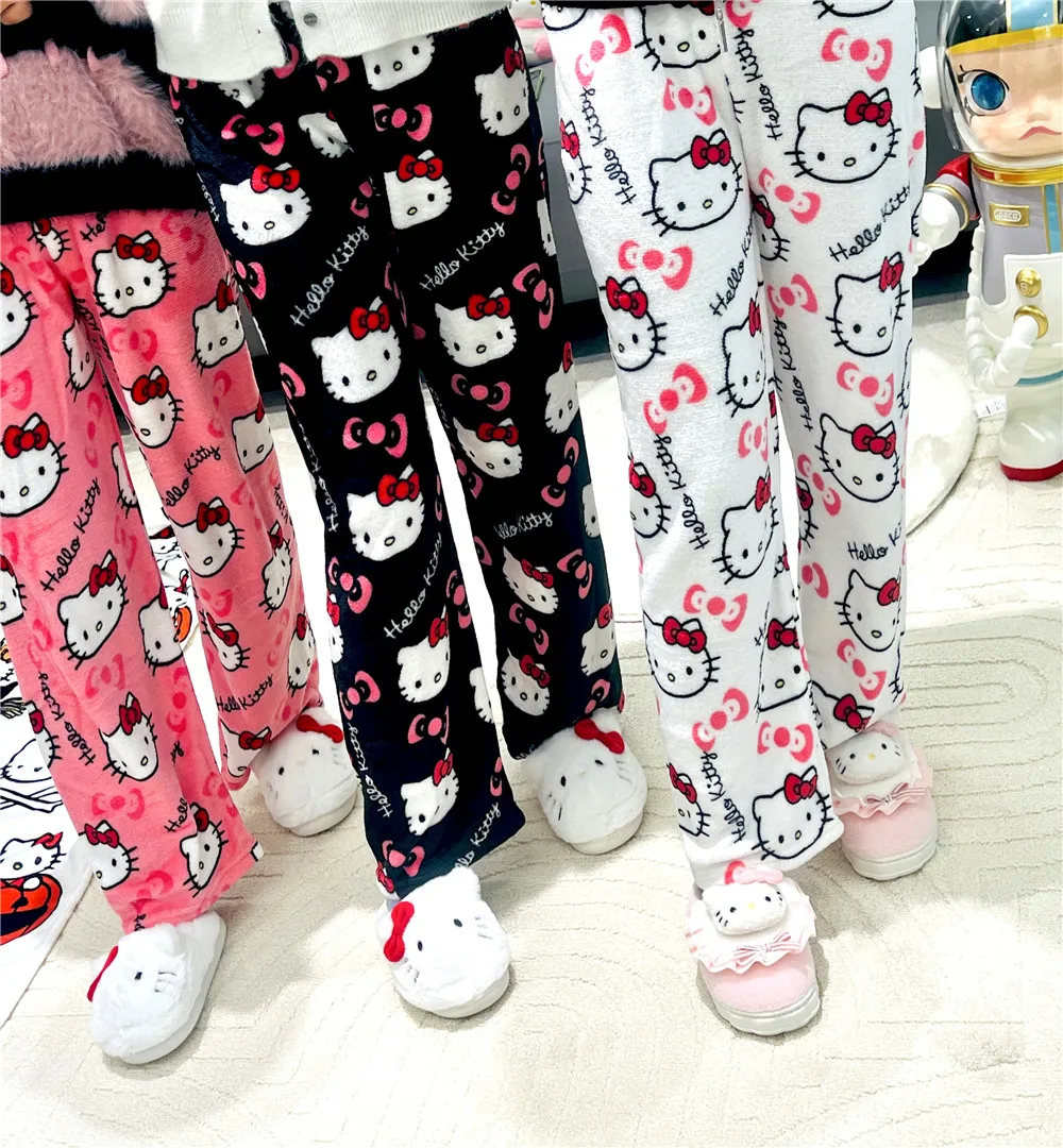 

2023 Sanrio Hello Kitty Pajamas Halloween Flannel Fashion Trouserswomen Kawaii Woolen Anime Cartoon Casual Home Pants Autumn