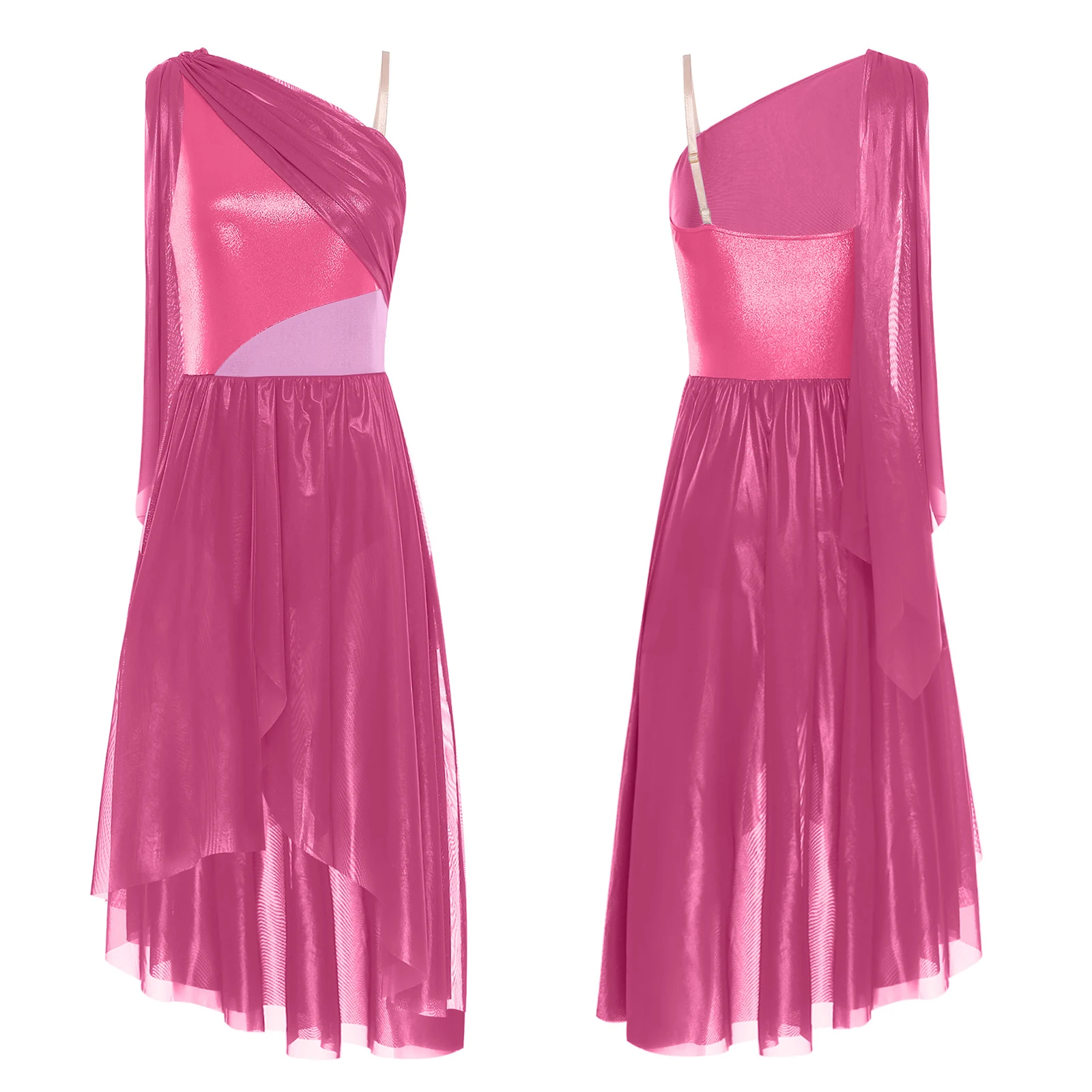 Vestido feminino contemporâneo de dança lírica, fantasia sem mangas com babados, cor metálica, bloco assimétrico, vestido de tule dividido