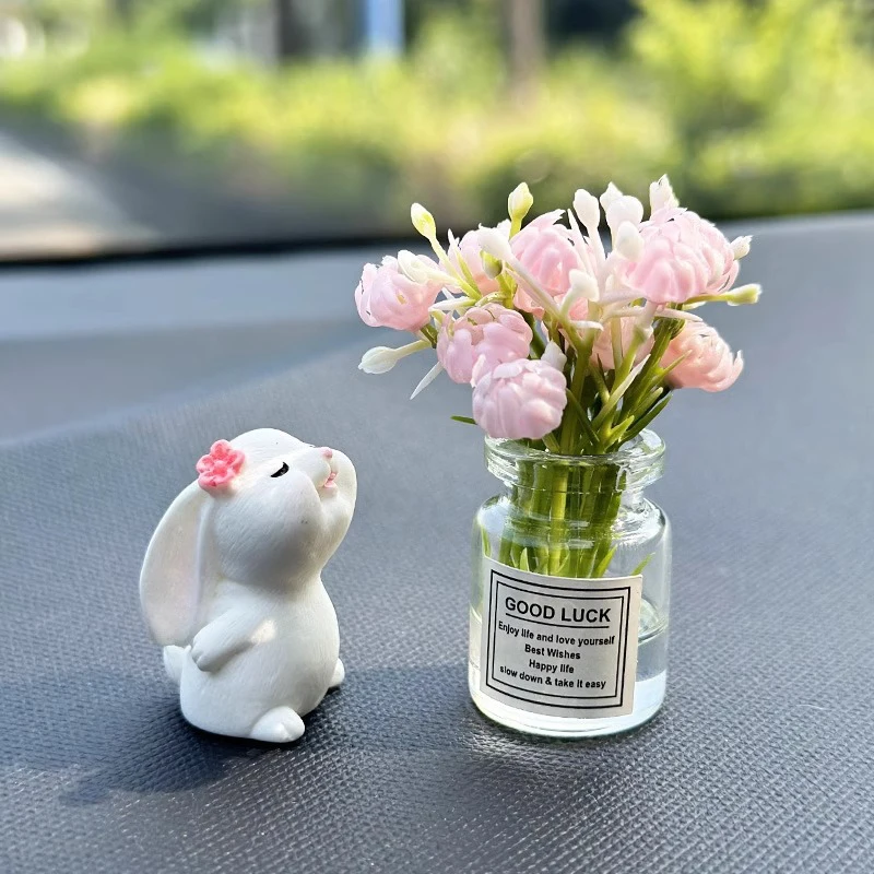 Cute Rose Flower Vase And Rabbit Car Interior Decoration Ornaments Auto Center Console Decoration Gadgets For Car Accessories