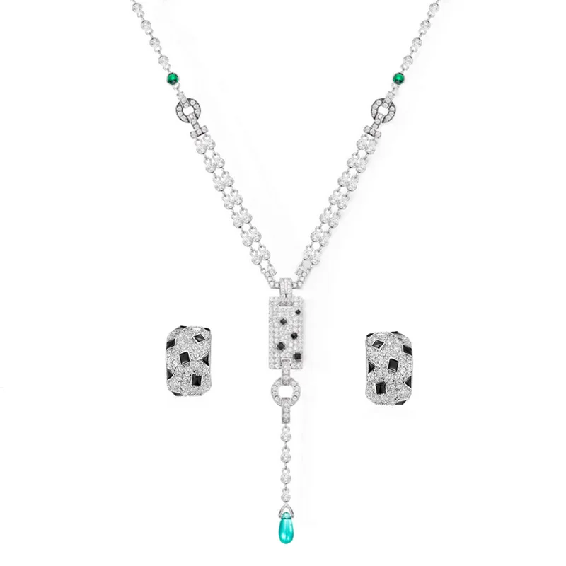 Designer Collection Style Stud Earrings Necklace Women Inlay Cubic Zircon Black Enamel Patches Leopard Print Jewelry Sets