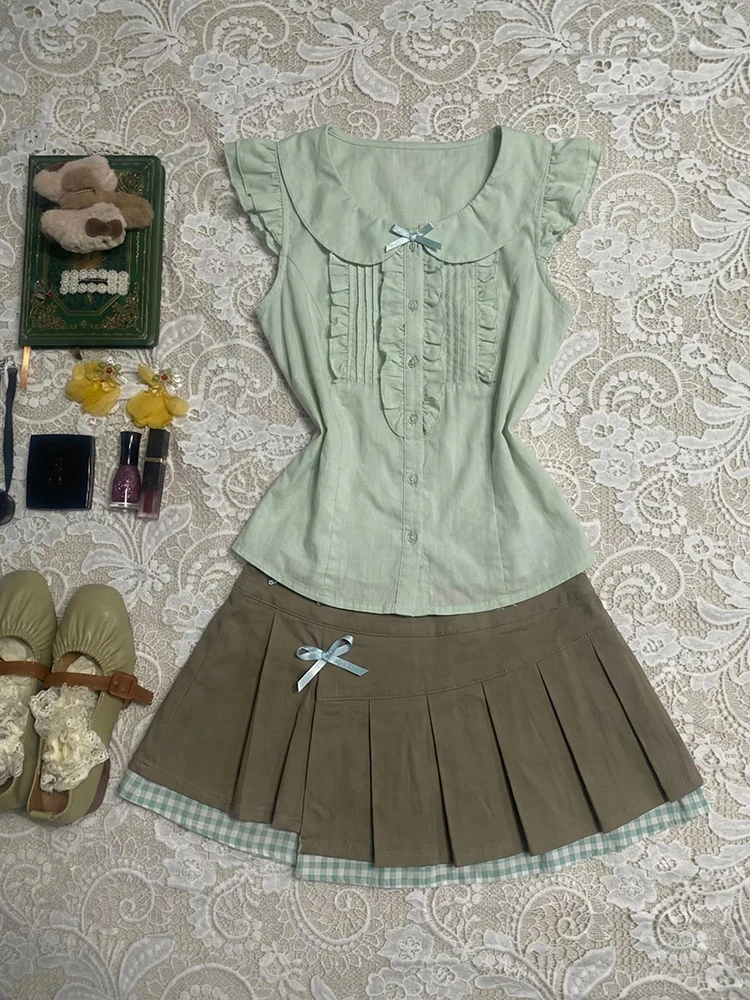 

Original Sweet Style Green Bell Sleeve Doll Collar Shirt Women's Summer Fashion Design Cotton Blend Short Sleeve Shirt