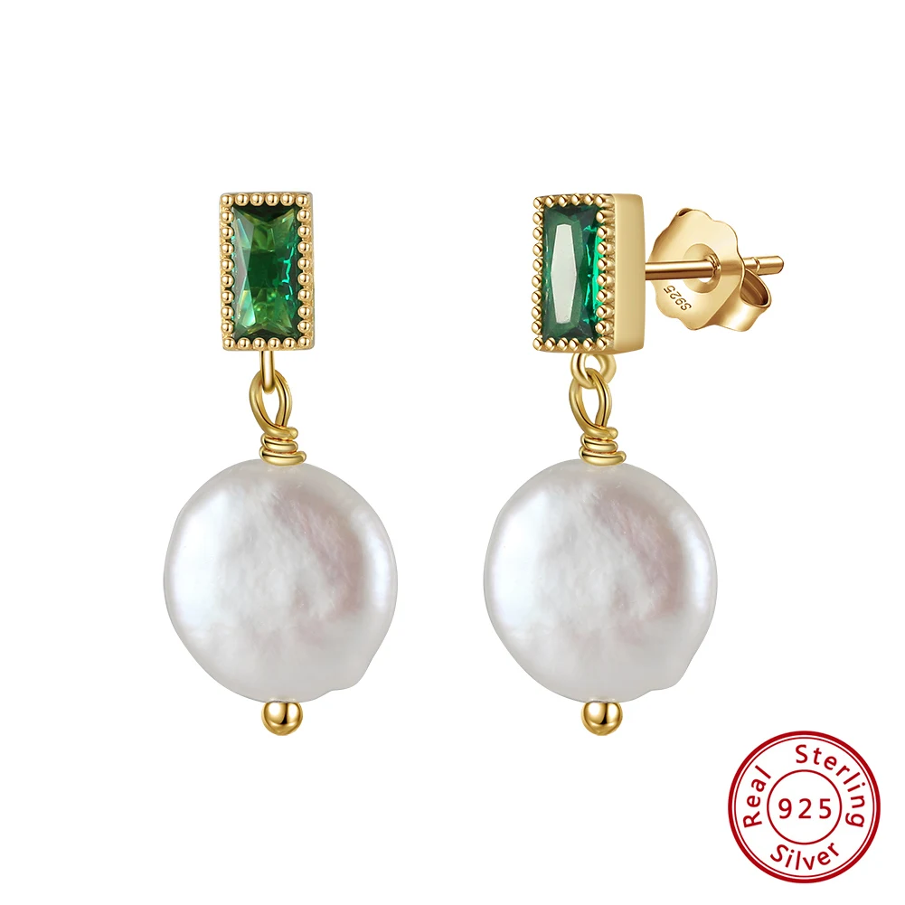 

Kiss Mandy Green Zirconia Natural Baroque Pearl Dangle Earrings 925 Sterling Silver Fashion Geometric Wedding Jewelry Gift GPE82