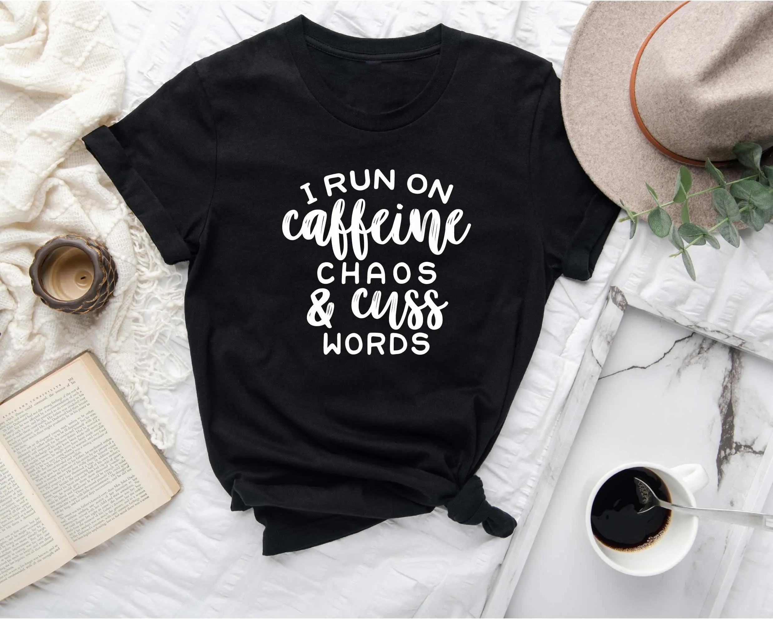 Funny Sarcastic T Shirt I Run On Caffeine Chaos And Cuss Words Coffee Mom