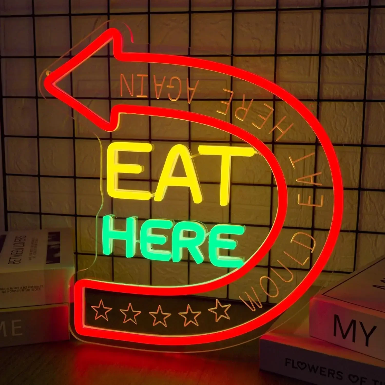 Eat Here Again Neon Sign Would Eat Here Arrow LED Wall Art USB Powered Glow Lamp Restaurant Cafe Bar Kitchen Home Decoration