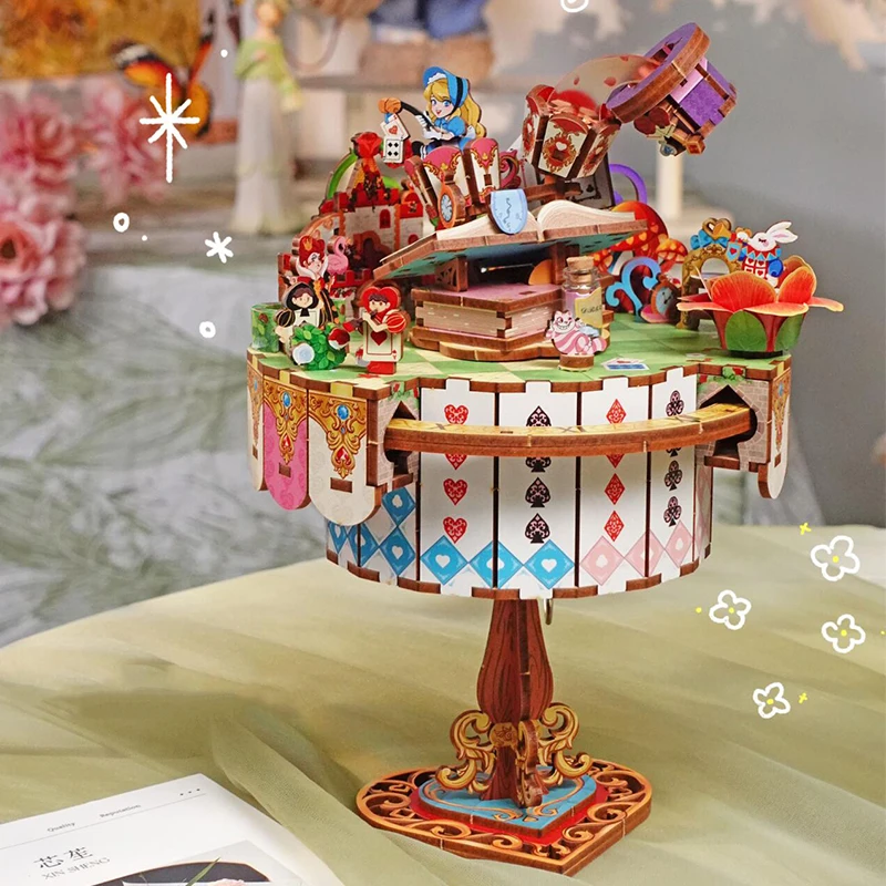 Diy 3d de madeira princesa no país das maravilhas abelhas festa caixa música kits modelo em miniatura quebra-cabeças pode mover para crianças presentes aniversário