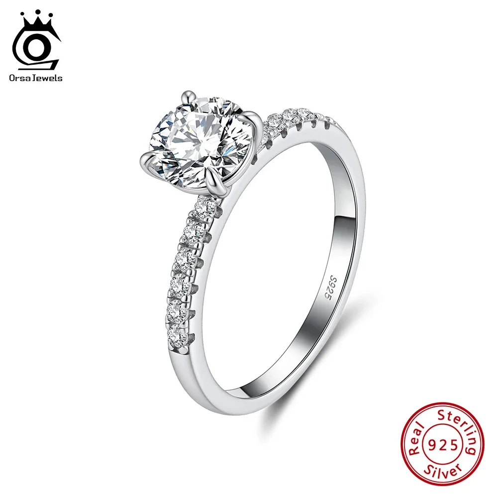 ORSA JEWELS S925 Sliver D Color Round Moissanite Engagement Promise Ring Finger Rings Women Classic Fine Wedding Jewelry MOR09