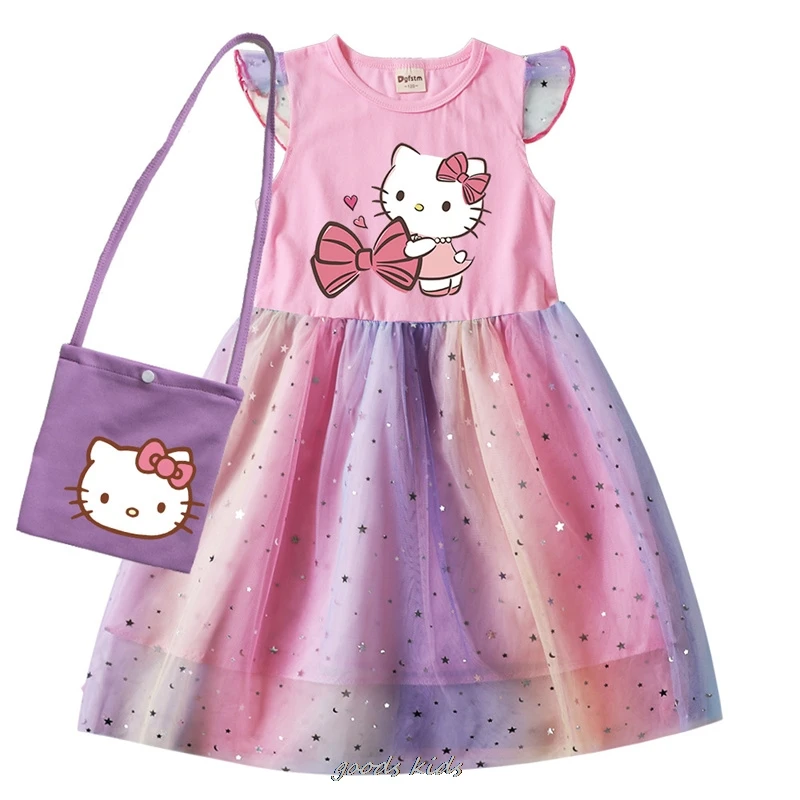 Niemowlę dziewczynka księżniczka sukienka Hello Kitty ubranka niemowlęta dziewczynki krótki rękaw swobodne sukienki i torba na urodziny dziecka