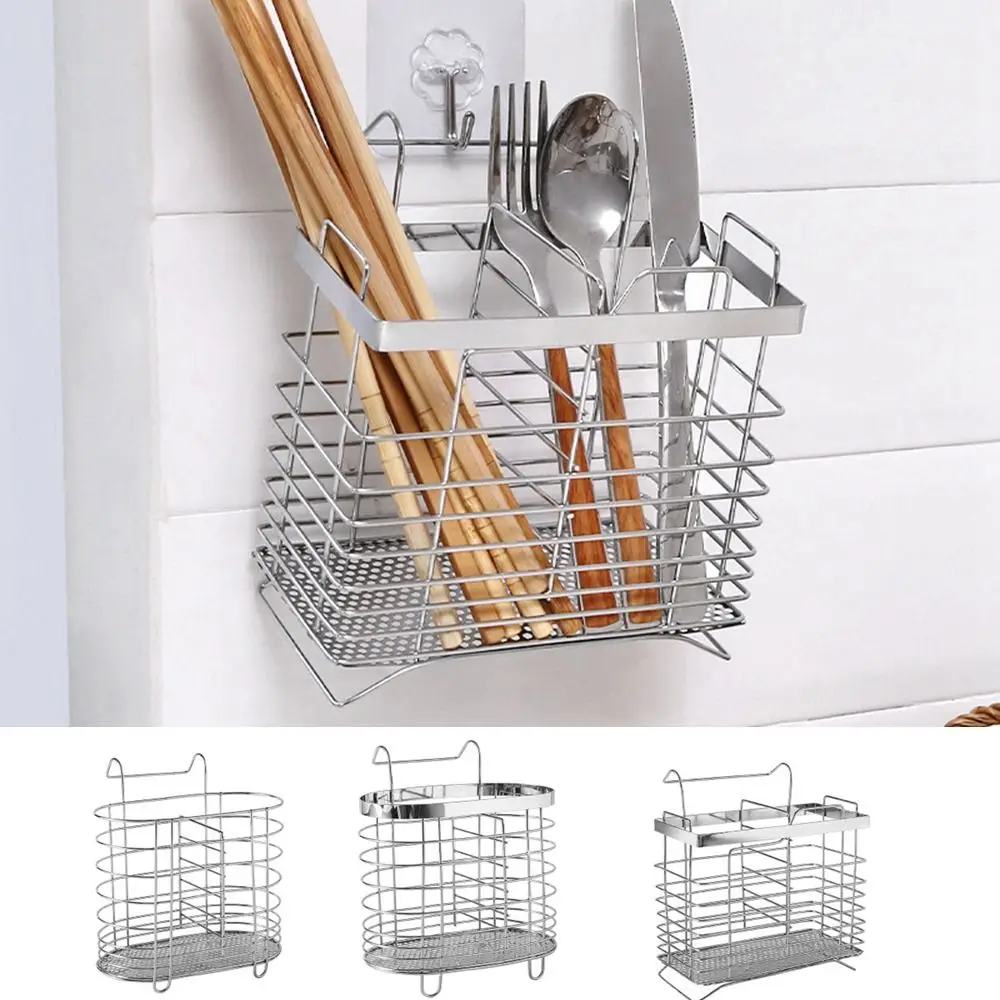 

Metal Stainless Steel Chopsticks Cage Internal Compartment Rectangular Tableware Tube Draining No Drilling Cutlery Holder Home
