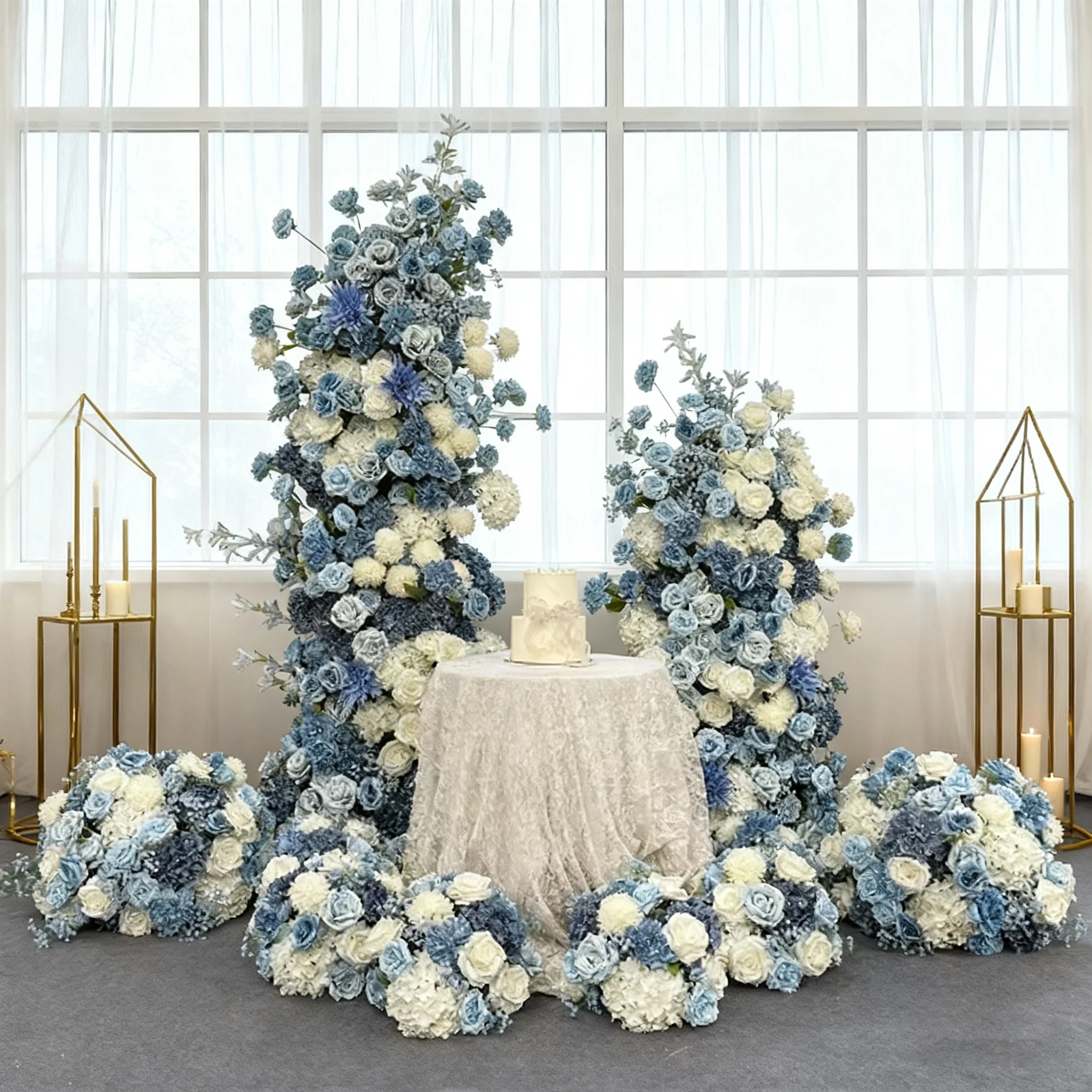 Factory Wholesale Artificial Blue White Silk Flowers Wedding Arch Faux Florals Arch Backdrop For Party Event Decoration