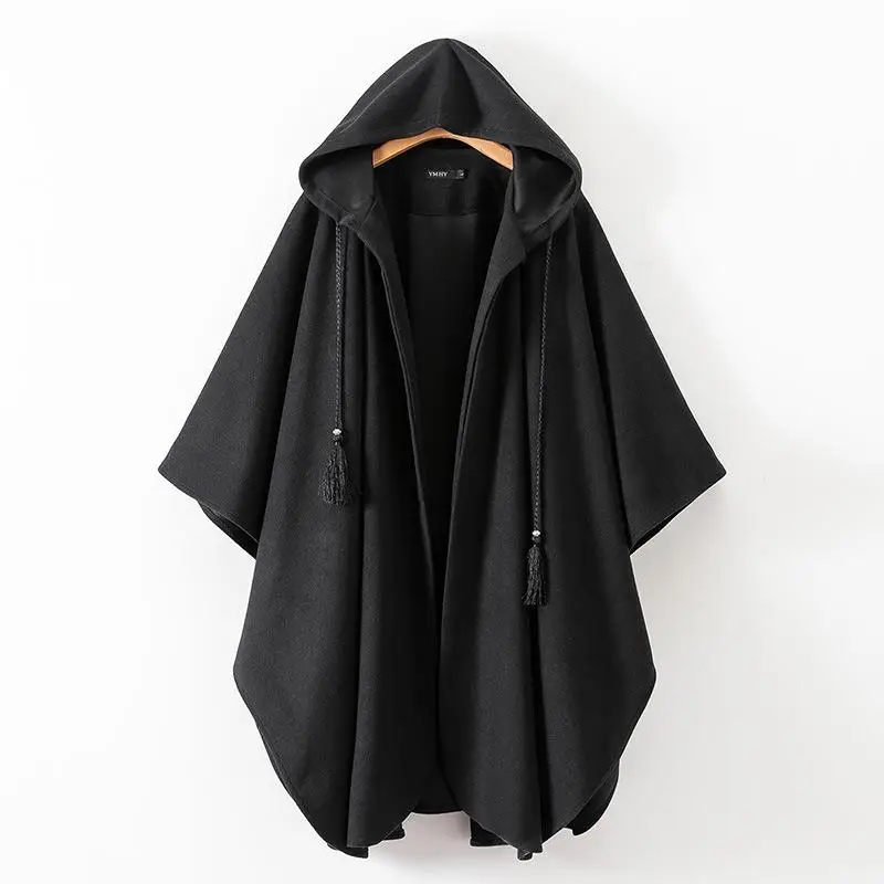 Casaco de Lã Preto com Capuz Estilo Capa Longa para Homens, Casaco de Inverno Grosso com Manga Morcego Curta, Ajuste para Cor...