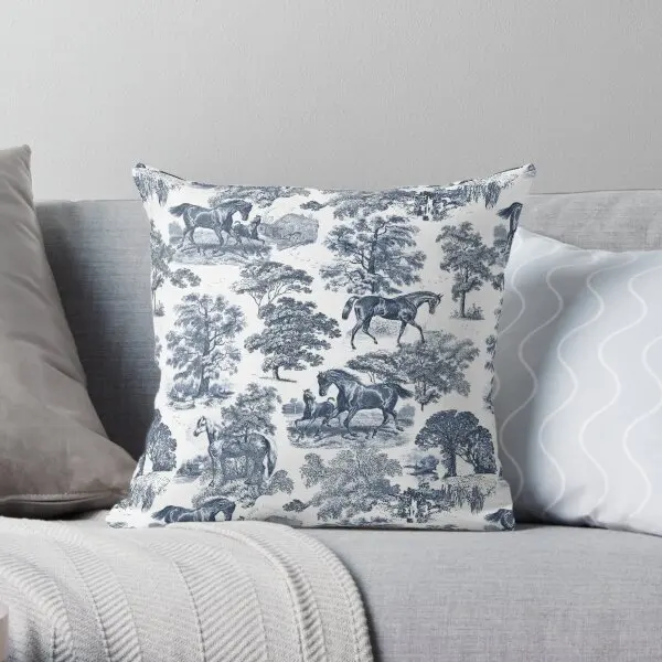 Elegant Vintage Rustic Blue Toile Horses  Printing Throw Pillow Cover Square Bed Anime Home Hotel Pillows not include One Side