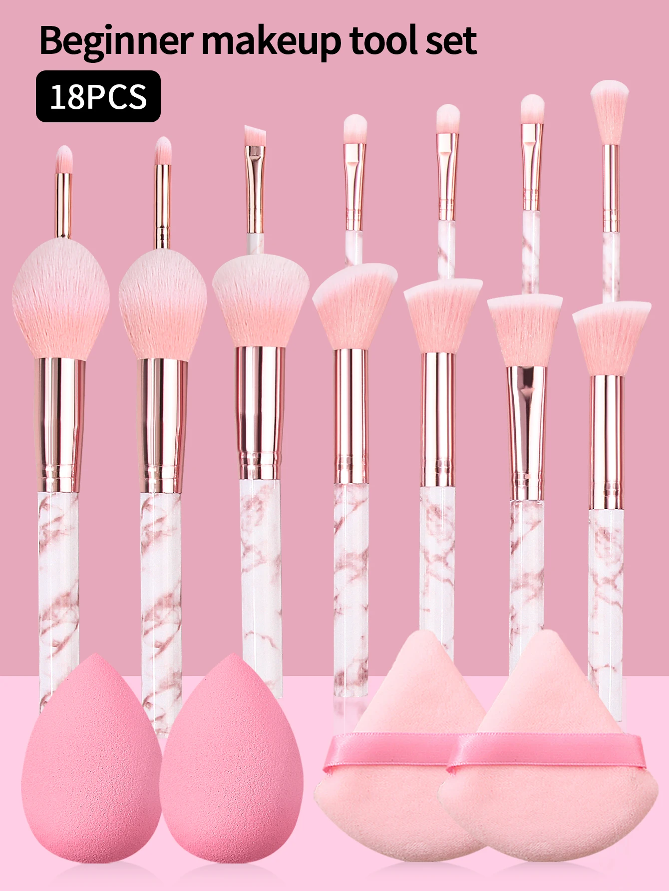 18pcs Makeup Tools Kit 14pcs Foundation Contour Blush Brush Set with Triangle Powder Puff Beauty Blender