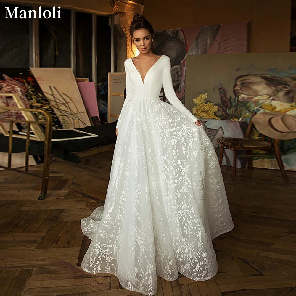 

Элегантное кружевное атласное свадебное платье с v-образным вырезом и длинными рукавами, трапециевидное свадебное платье в стиле ретро, арабское свадебное платье цвета слоновой кости, изготовление на заказ