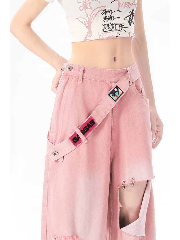 Women's Pink Jeans Gradient Design Feel Hiphop High Waist Spicy Girl Y2K High Street Straight Tube Casual Wide Leg Pants