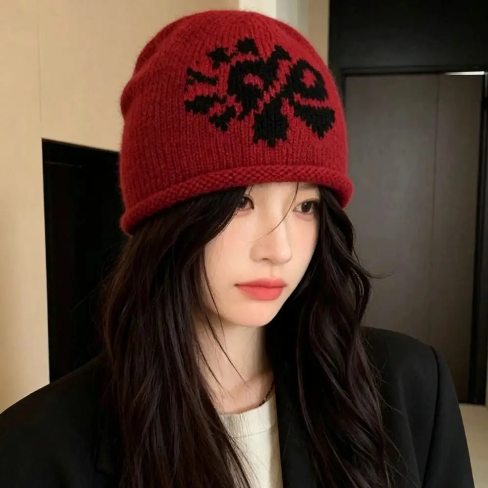 Fair Isle Pattern Wool Blend Knitted Beanie Hat Polyester Warm Winter Earflap Hat Large Head Circumference 56cm To 58cm