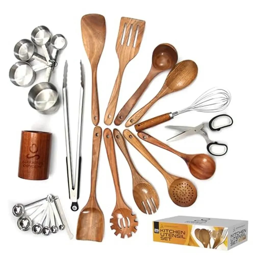 

Набор деревянных кухонных принадлежностей из 25 предметов, кухонные ложки с антипригарным покрытием, лопаточки, щипцы для венчика, мерные чашки, ножницы для трав, нержавеющая сталь