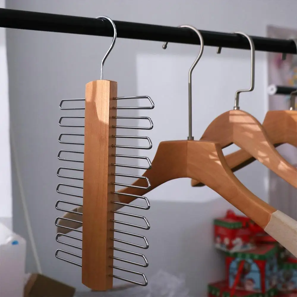 

Creative Wooden Tie Hanger Double 20 Bar Tie Rack Space Saving Non-slip Scarf Hook Cabinet