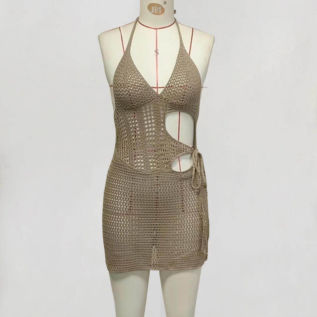 4-farbiges, V-Ausschnitt-Halfter-Kleid mit Ausschnitten, gehäkelt, gestrickt, Tunika, Strandkleid, Strandmode, Strandbekleidung, Strandüberwurf, Damen, V7001 – Detail 15