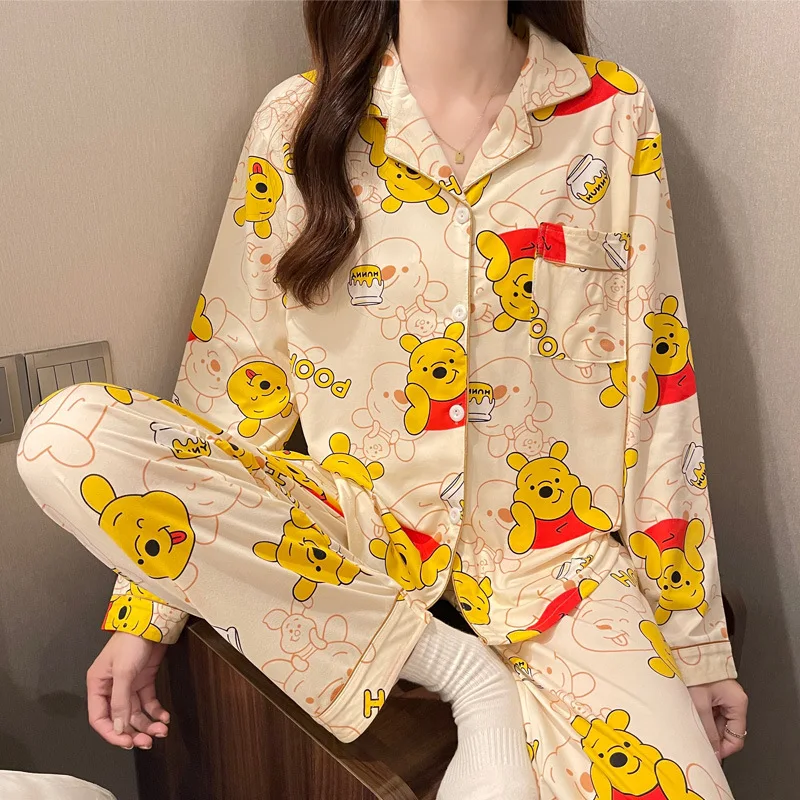 Pajamas Women\'s Disney Cartoon Bear Spring Autumn Pajamas Long Sleeve Trousers New Cartoon Loose Cardigan Pajamas Home Suit