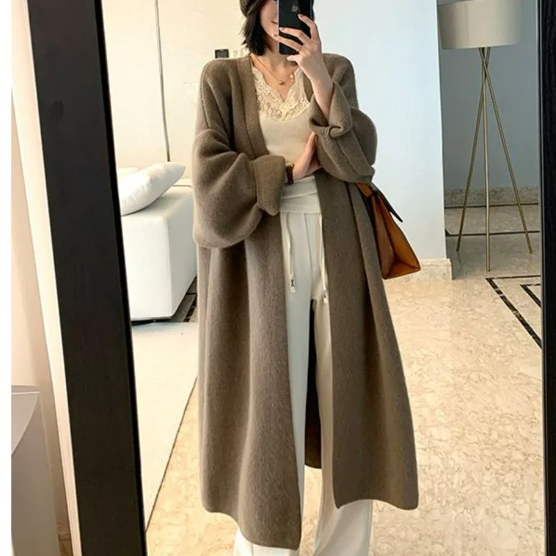 2023 New Women Loose Mid Length Version Sweater Autumn Winter Casual Versatile Simple Cardigan Lazy Breeze Thick Outer Wear