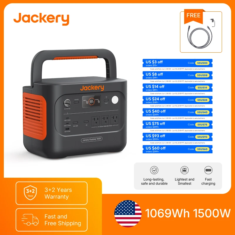 

Jackery Explorer 1000 v2 Portable Power Station and 5M Extentsion Cord, Solar Compatible for Camping, RV, Emergencies
