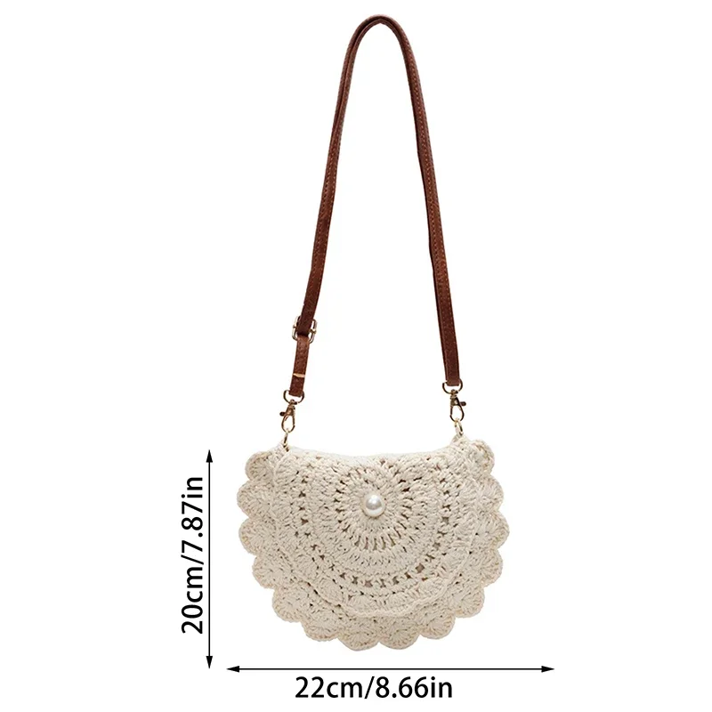 Modna ażurowa torebka na ramię damska, ręcznie robiona z bawełnianego nici, szydełkowa torebka crossbody, letnia torebka z klapką zapinaną na guzik.