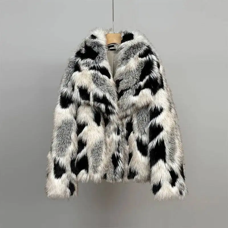 Cappotto di peluche da donna maniche lunghe giacca pelosa invernale moda di lusso capispalla soffici top leopardo pelliccia di volpe sintetica bavero sciolto
