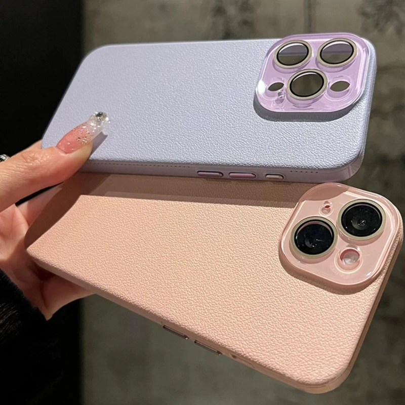 

Для Iphone 11 Pro Max защитный чехол для объектива из хрустального стекла, текстурированный кожаный тонкий чехол для телефона с личи, противоударный чехол