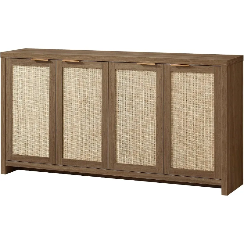 Hampstead Rattan 4-Door Storage Sideboard Cabinet with Adjustable Shelves, Boho Accent Buffet Cupboard Console