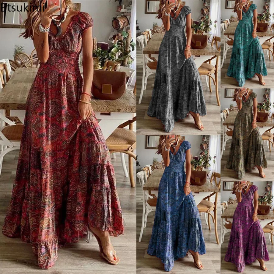 

2024 Women's Summer Floral Print Long Dresses Vintage Bohemian Beach Dress Woman Retro V Neck Boho Big Swing Party Maxi Dress