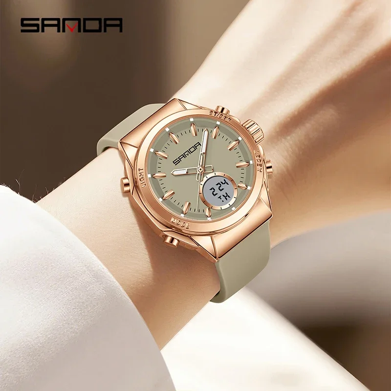 ساعة SANDA الرقمية المقاومة للماء كاجوال للنساء البرية وساعة منبه وإضاءة ليلية وحزام سيليكون إلكتروني للفتيات