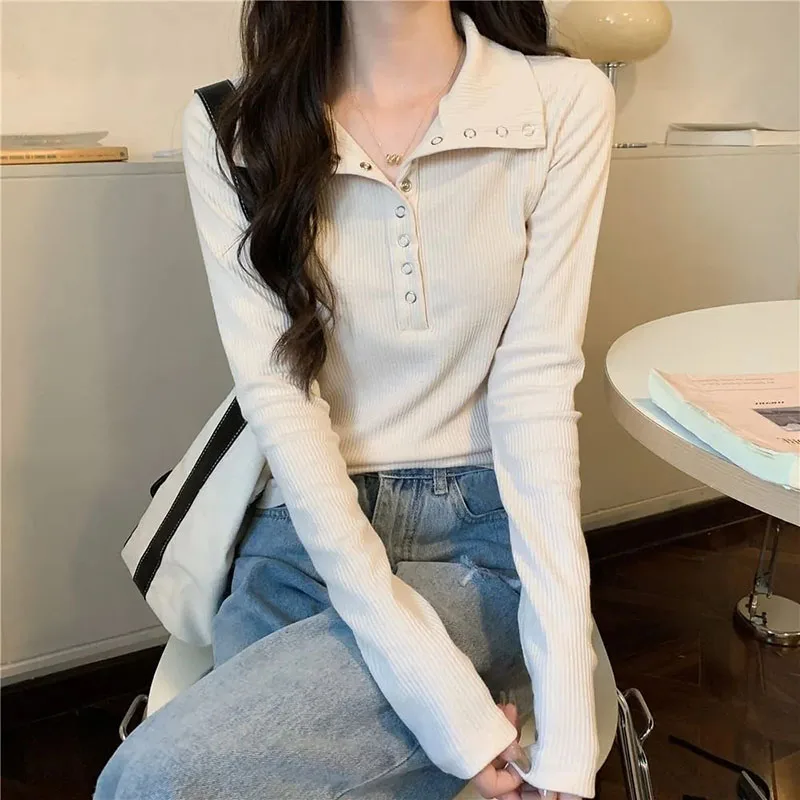 Korean Long Sleeve T-Shirt for Women Y2K Fashion Streetwear Slim V-Neck All-Match Tops Female Harajuku Button Bottoming Pullover