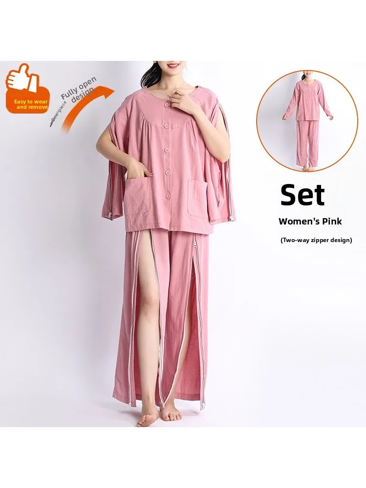 women's-pure-cotton-hospital-gown-set-easy-to-remove-post-surgery-comfortable-nightgown-long-sleeve-zipper-shoulder-design